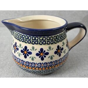 Polish Pottery Handmade Hand Painted Poland Blue Floral Pitcher Glossy Classic